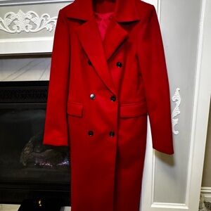 Red Double-Breasted Long Overcoat Button Closure Lined Women's Size S